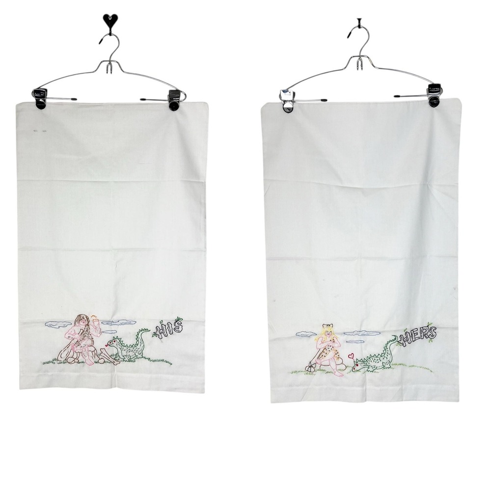 Vintage Embroidered pillowcases His Hers caveman cavewoman Prehistoric stitched